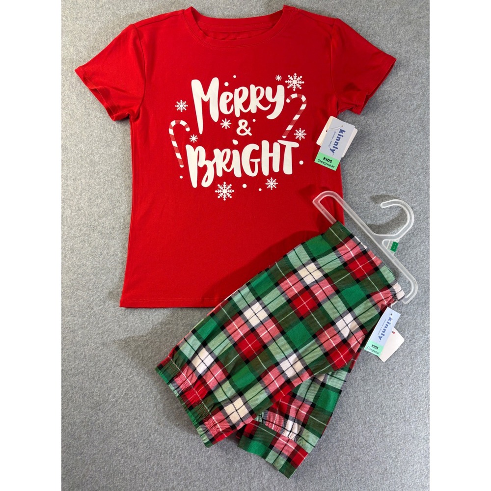 Kinnly Kids Merry & Bright‎ Christmas Pajama Set Red Green Plaid Size 7/8 NEW